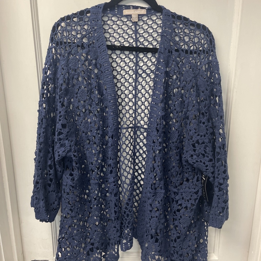 Woman Within Blue 3/4 Sleeve Flower Knit Cardigan Open Front Size 3X NWT